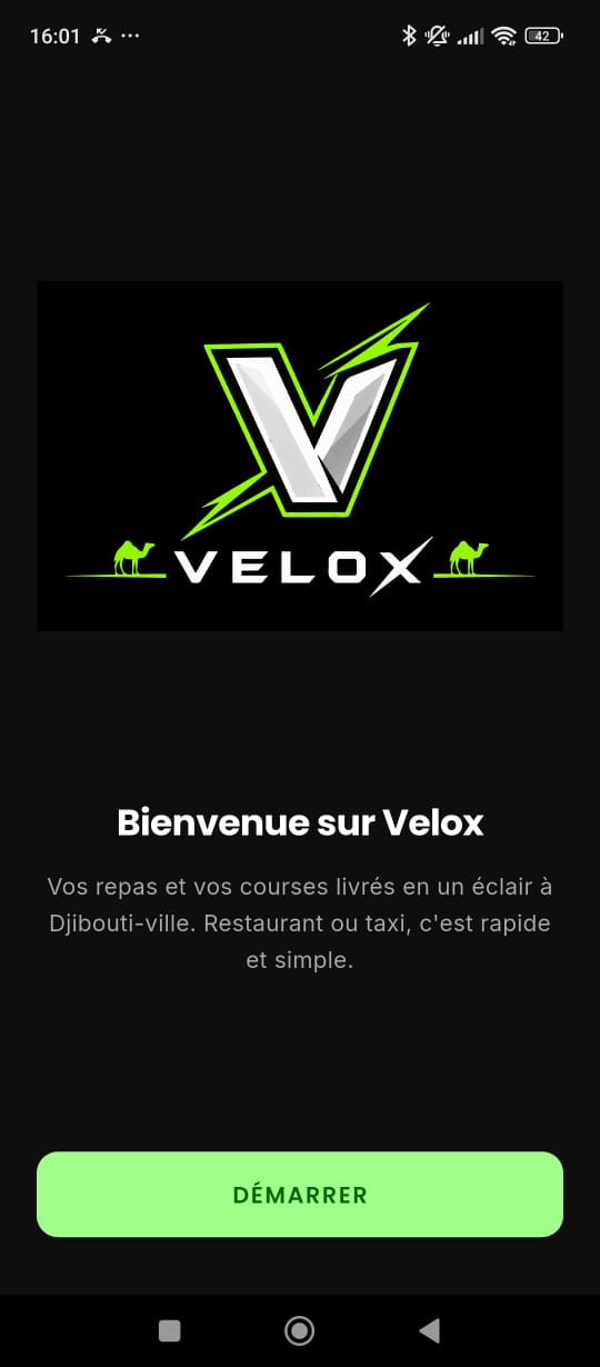 Écran d'accueil de l'application Velox